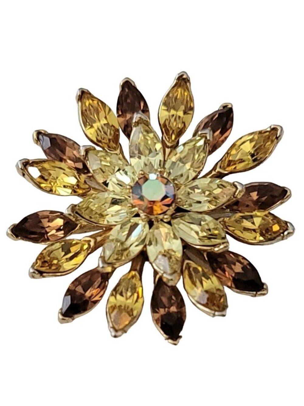 Trifari Philippe Gold Tone Yellow Jonquil Champagne Rhinestone Flower Brooch N76